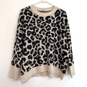 VINCE CAMUTO Cream Black Leopard Cheetah Animal Print Oversized Crewneck Sweater